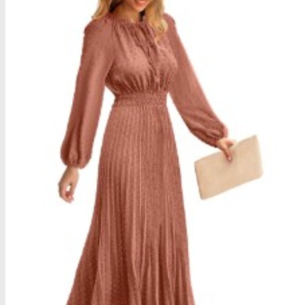 MEROKEETY Long Sleeve Tie V Neck Swiss Dot Pleated Maxi Dress